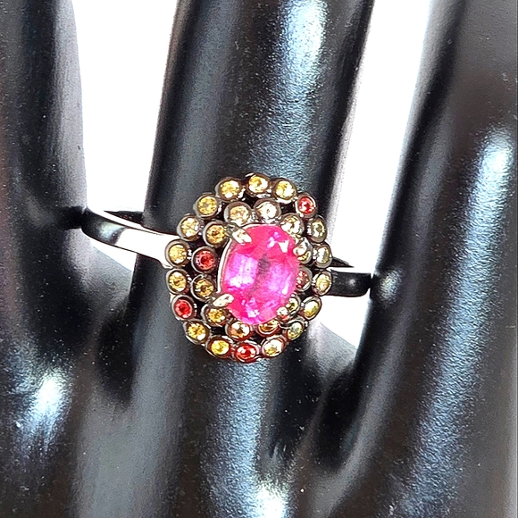 925 Sterling Silver with Natural Ruby 7x5mm & Sapphire Ring Sz 8.25 - Picture 5 of 8